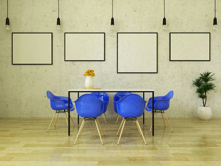 3D render of beautiful dining table with blue chairs