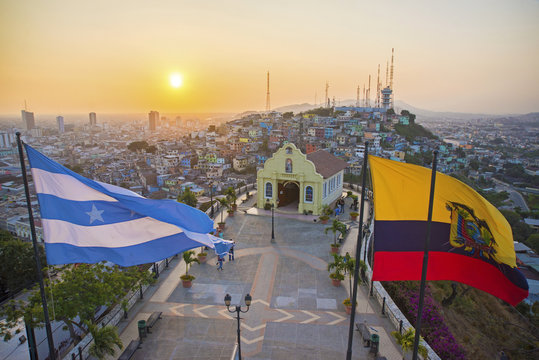 View of the Santa Ana chapel and the city of Guayaquil, from the top of the lighthouse on the Santa Ana hill. Late afternoon. Guayaquil, Ecuador.