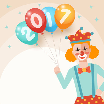 Clown holding bunch of colorful balloons