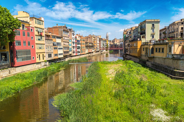 Colorful houses and Eiffel bridge in Girona