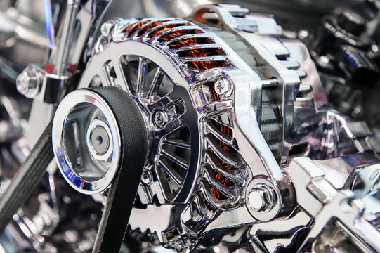 Car engine, concept of modern automobile motor with metal, chrome, plastic parts, heavy industry