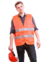 Male worker in orange uniform and helmet.