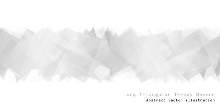 This abstract vector illustration features a long, horizontal banner with overlapping grey and white translucent triangles, creating a textured polygonal pattern on a clean white background.