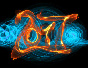 Happy new year 2017 flying digits numbers written with fire flame light on black background
