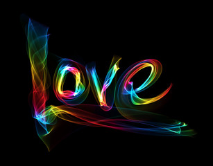 Love isolated word lettering written with rainbow fire flame or smoke on black background