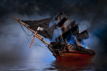 Fotobehang Model piratenschip met mist en water © neillockhart