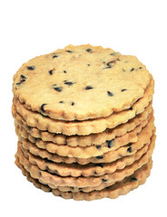 Cookies or biscuits make form oatmeal and chocolate chip isolated on white background