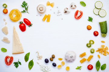 Italian food concept .Various kind of pasta with ingredients swe