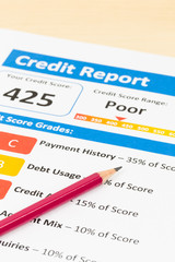 Poor credit score report with pen and calculator; document and t