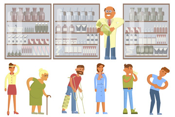 Pharmacy drugstore infographic elements. Drugs icons pills capsules and prescription bottles. Flat vector male pharmacist and illnesses people set