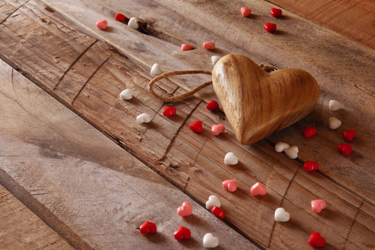 Valentines day background. hearts on wooden table