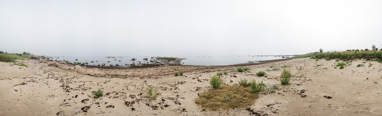 Fototapeta na wymiar Rocky beach and morning fog in summer. Sea, mist, coast, forest, seaside natural environment. Shore in Koipsi Island, Estonia, Europe. 360 .degrees panorama.