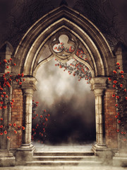 Gotycka brama z różami i bluszczem w nocy - obrazy, fototapety, plakaty