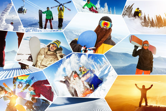 Photo winter sports collage ski snowboarding