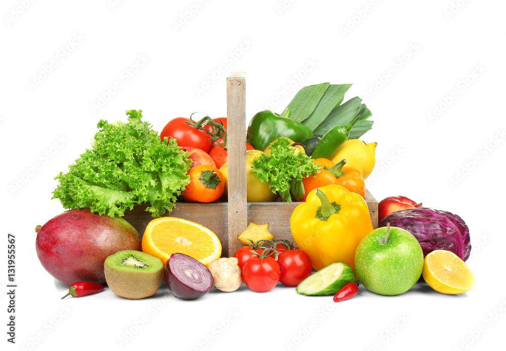 Fototapete Fresh vegetables and fruits in basket on white background