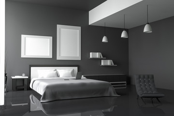 3D rendering : illustration of modern house interior.bed room part of house.Spacious bedroom in luxury black and white style,modern furniture,big bed and decorative,light from out side