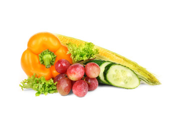 Fresh vegetables and fruits on white background