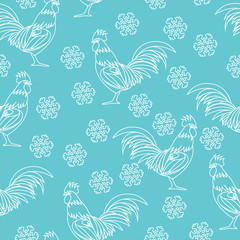 Vector seamless pattern of symbol rooster  the Chinese New Year 2017 with snowflakes