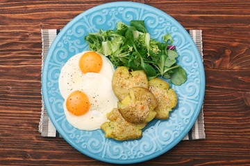 Crispy smashed potatoes breakfast. Healthy lifestyle concept.