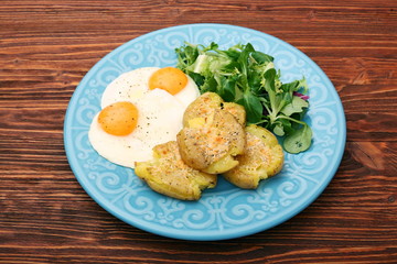 Crispy smashed potatoes breakfast. Healthy lifestyle concept.
