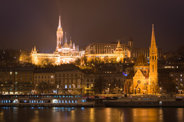 Fototapeta na wymiar Night winter view of Fisherman's Bastion in Budapest, Hungary