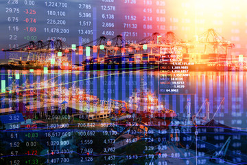 Double exposure of stocks market chart concept with International Container Cargo ship in the ocean, Freight Transportation, Shipping, Nautical Vessel