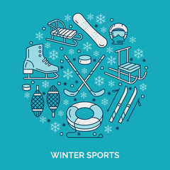 Winter sports banner, equipment rent at ski resort. Vector line icon of skates, hockey sticks, sleds, snowboard, snow tubing hire. Cold season outdoor activities template