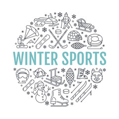 Winter sports banner, equipment rent at ski resort. Vector line icon of skates, hockey sticks, sleds, snowboard, snow tubing hire. Cold season outdoor activities template with place for text
