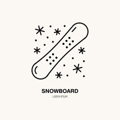 Vector thin line icon of snowboard. Winter recreation equipment rent logo. Outline symbol of snow board. Cold season activities sign.