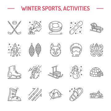 Ski, snowboard, skates, tubing, ice kiting, climbing and other winter sport line icons. Outdoor activity thin linear pictogram such as camping, igloo building, snow angel making. Equipment rent signs