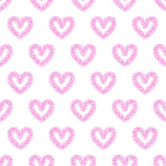 Heart glitter outline signs seamless pattern, vector background. Cute pink repeated texture for valentine day cards.
