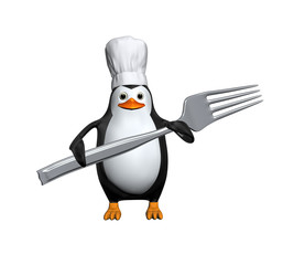 3d penguin wearing chef hat holding fork