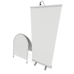 Blank Roll Up Expo Banner Stand and Sandwich board. Trade show booth white and blank. 3d render illustration isolated on white background. Template mockup for expo design. Blank menu outdoor display.