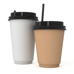 Disposable coffee cups with paper straw . Blank paper mug with plastic cap. 3d render isolated on white background