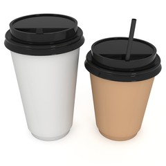 Disposable coffee cups with paper straw . Blank paper mug with plastic cap. 3d render isolated on white background