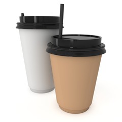 Disposable coffee cups with paper straw . Blank paper mug with plastic cap. 3d render isolated on white background