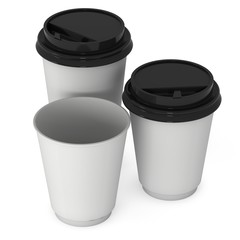 Disposable coffee cups. Blank paper mug. 3d render isolated on white background