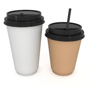 Disposable coffee cups with paper straw . Blank paper mug with plastic cap. 3d render isolated on white background