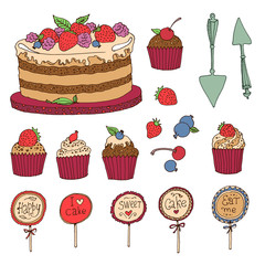 Set of cake, muffins and berries