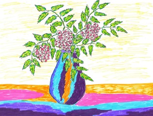 Hand drawn multicolor illustration with rowan berries in a vase - scan