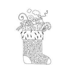 Vector sketch Christmas boot with gift for boys.