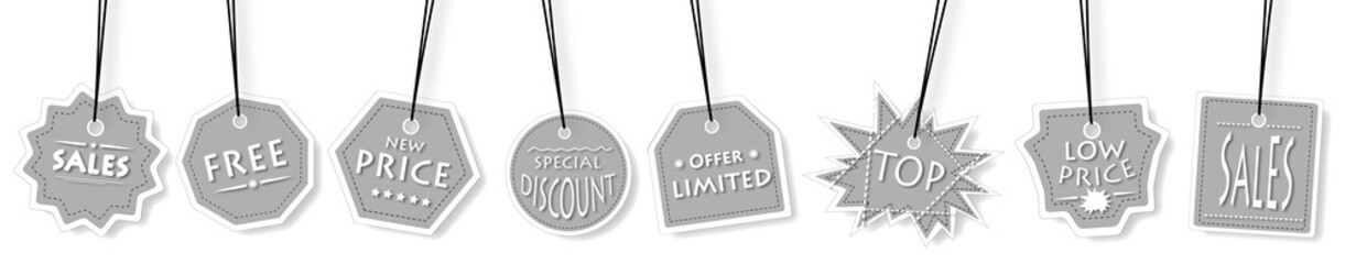 Concept of sales labels with promotion text printed on it
