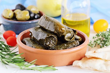 Dolma.Staffed grape leaves.Traditional mediterranean or oriental appetizers.Selective focus