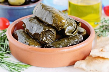 Dolma.Staffed grape leaves.Traditional mediterranean or oriental appetizers.Selective focus