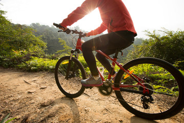 young woman riding mountain bike on sunrise forest trial