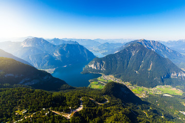 Panoramic view on Alps and lake Hallstatt from viewing platform Five Fingers at Dachstein massif.