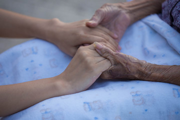 Old and young holding hands on light background, closeup