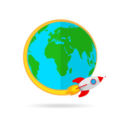 The spacecraft flies around the Globe Earth. Vector Illustration.