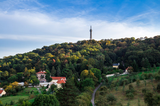 Petrin tower under the clouds, Petrin and Kinsky parks, Prague, Czech Republic, Central Europe
