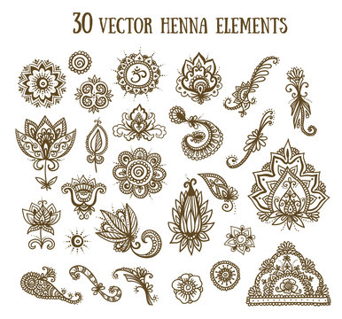 Vector illustration set with abstract floral elements in indian style. Henna collection.